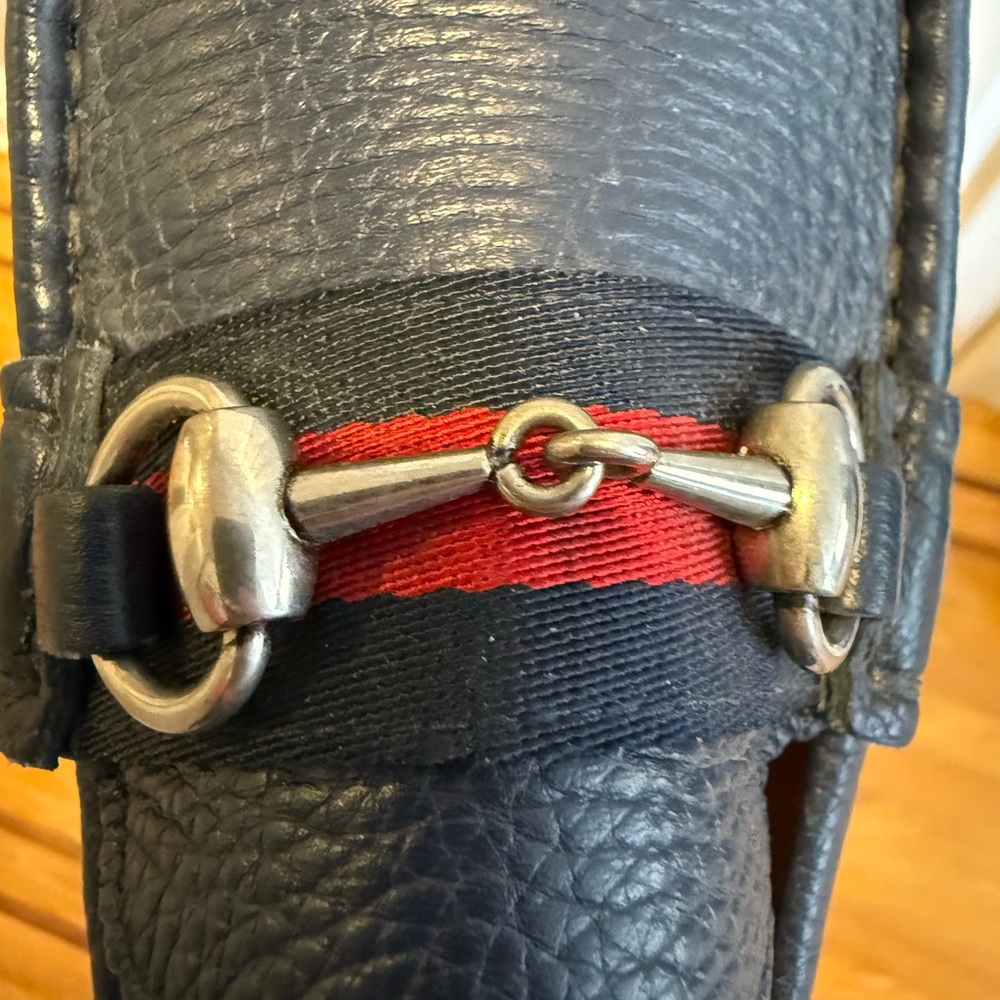 Navy Leather Bag with Red Stripe and Silver Hardware